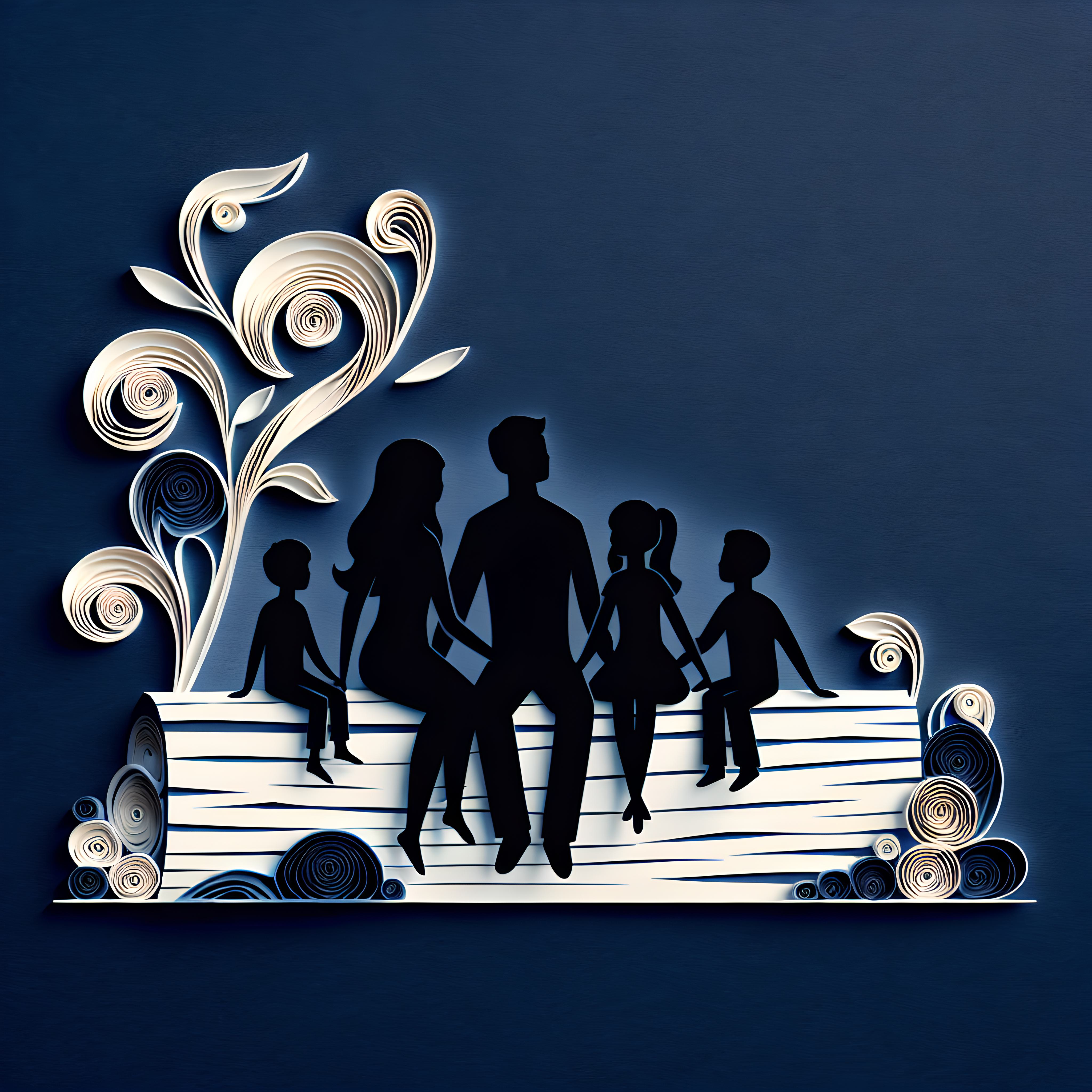 Paper cut out silhouette of a family sitting on a log.