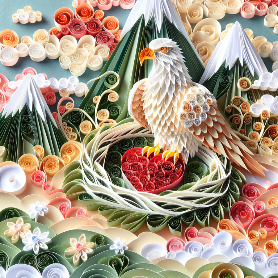 Eagle sitting in nest high in the mountains, perched on a heart. Image in the style of paper quilling.