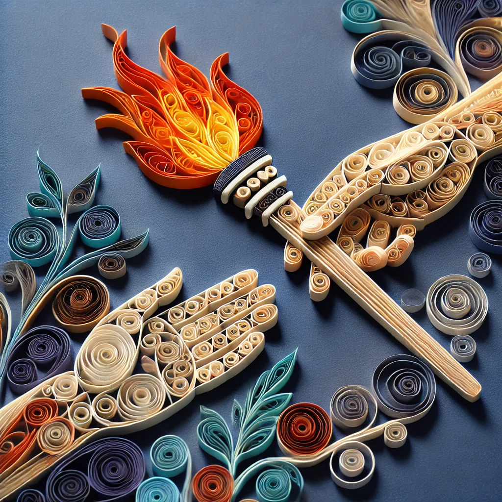 A hand passing a torch to another hand. Image in the style of paper quilling.