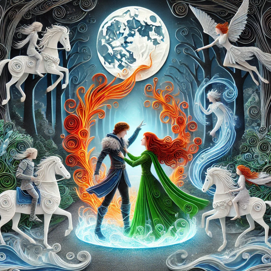 Prince Tam Lin and Princess Janet dance beneath the moon. Image in the style of paper quilling.