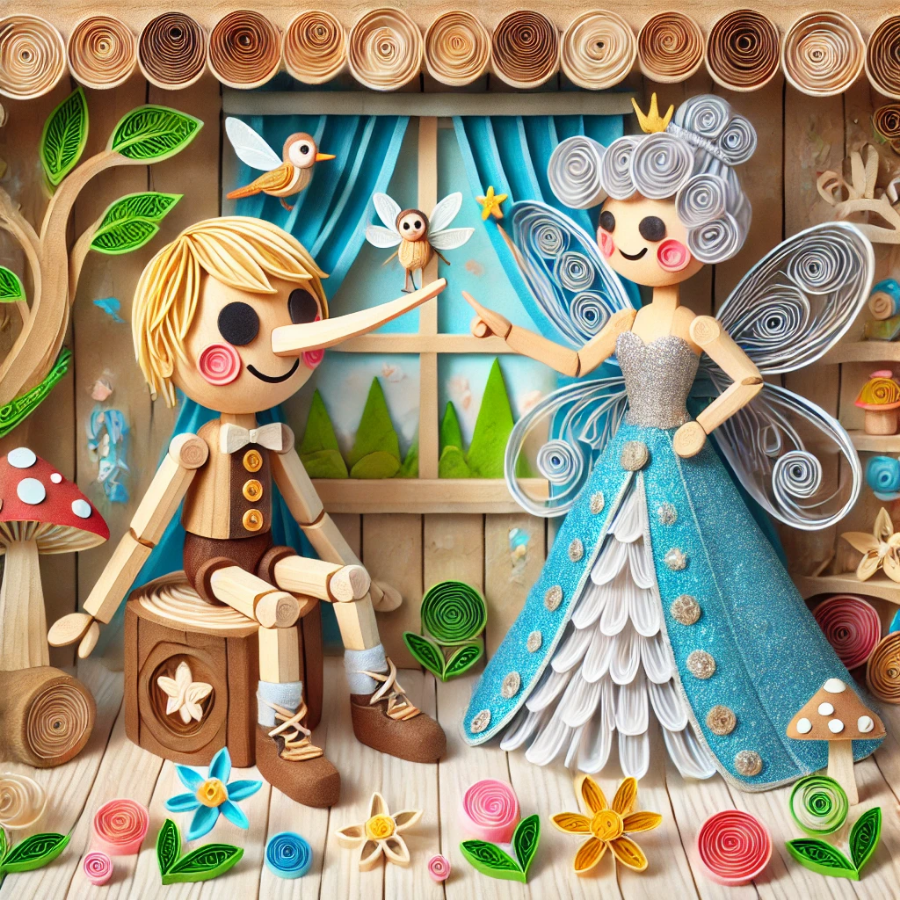 Pinnochio sits on a stool next to The Blue Fairy. Image in the style of paper quilling.