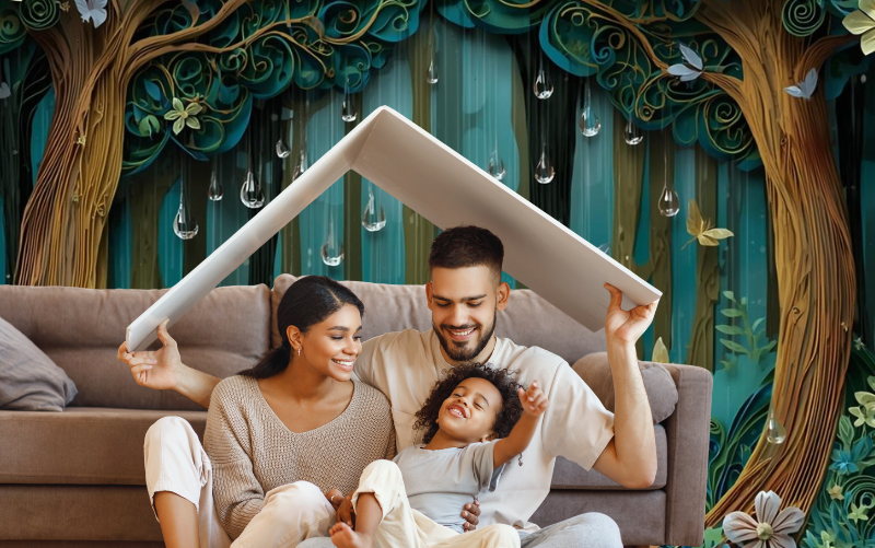 A smiling family sits on a couch, using a book held overhead like a roof, surrounded by a whimsical forest background with paper-quilled trees, raindrops, and butterflies, capturing the magic and coziness of storytelling together.