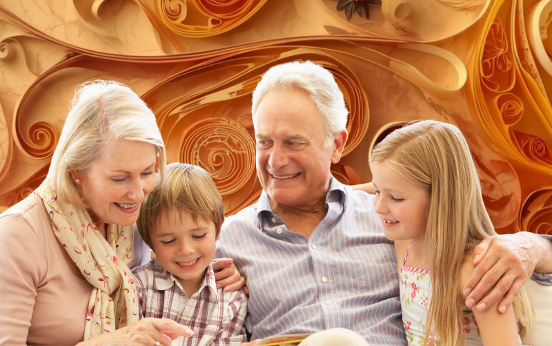 A warm collection of Thanksgiving-ready stories to share with grandchildren - focused on kindness, gratitude, and spending meaningful time together.. Image features a grandmother, grandfather, and two grandchildren reading on a couch. 