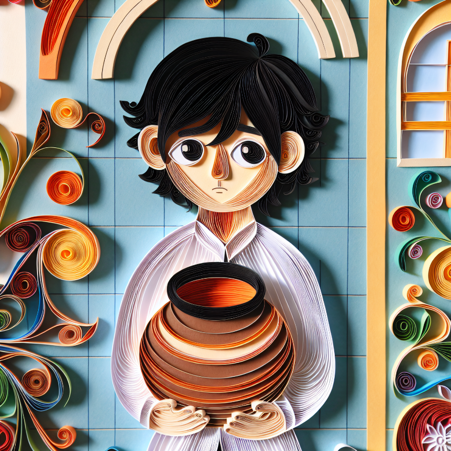 A young boy holding an empty flower pot. Image in the style of paper quilling.